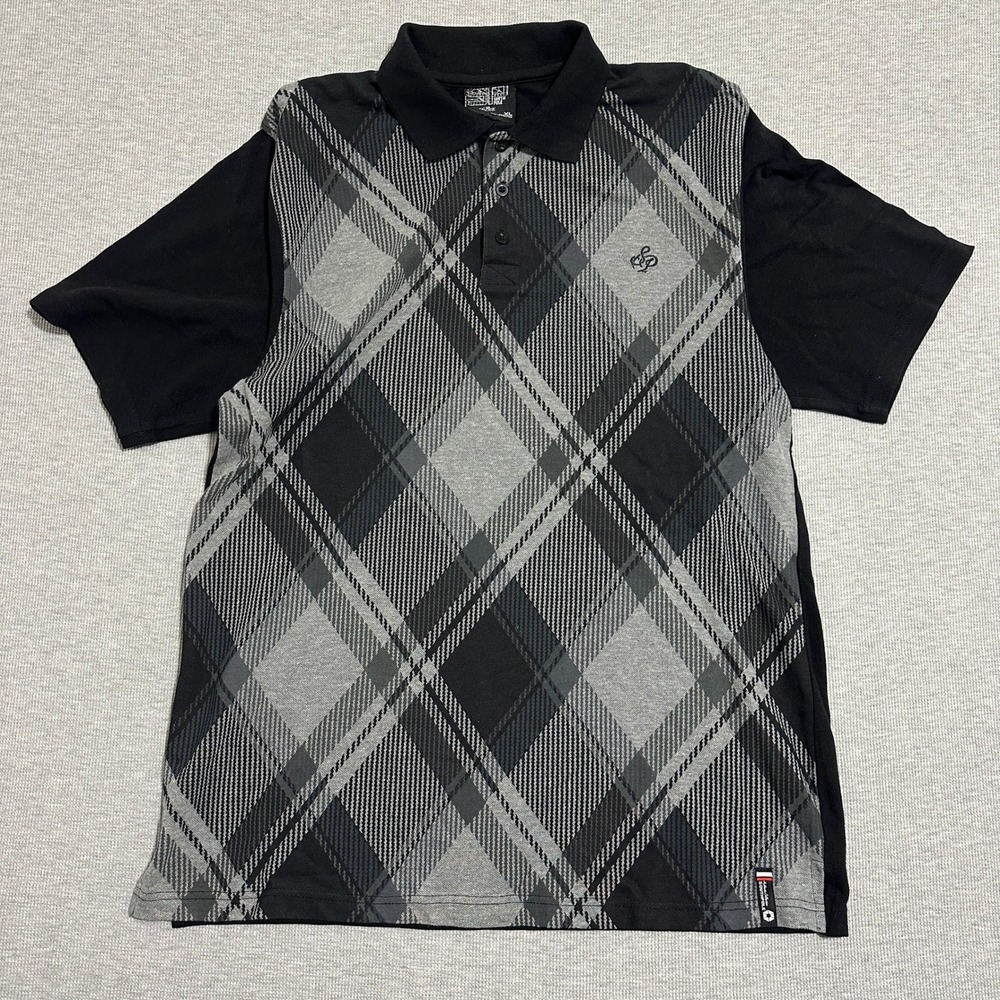 Southpole Argyle Plaid Polo‎ Shirt Short Sleeves Y2K Black Gray Mens Size XL